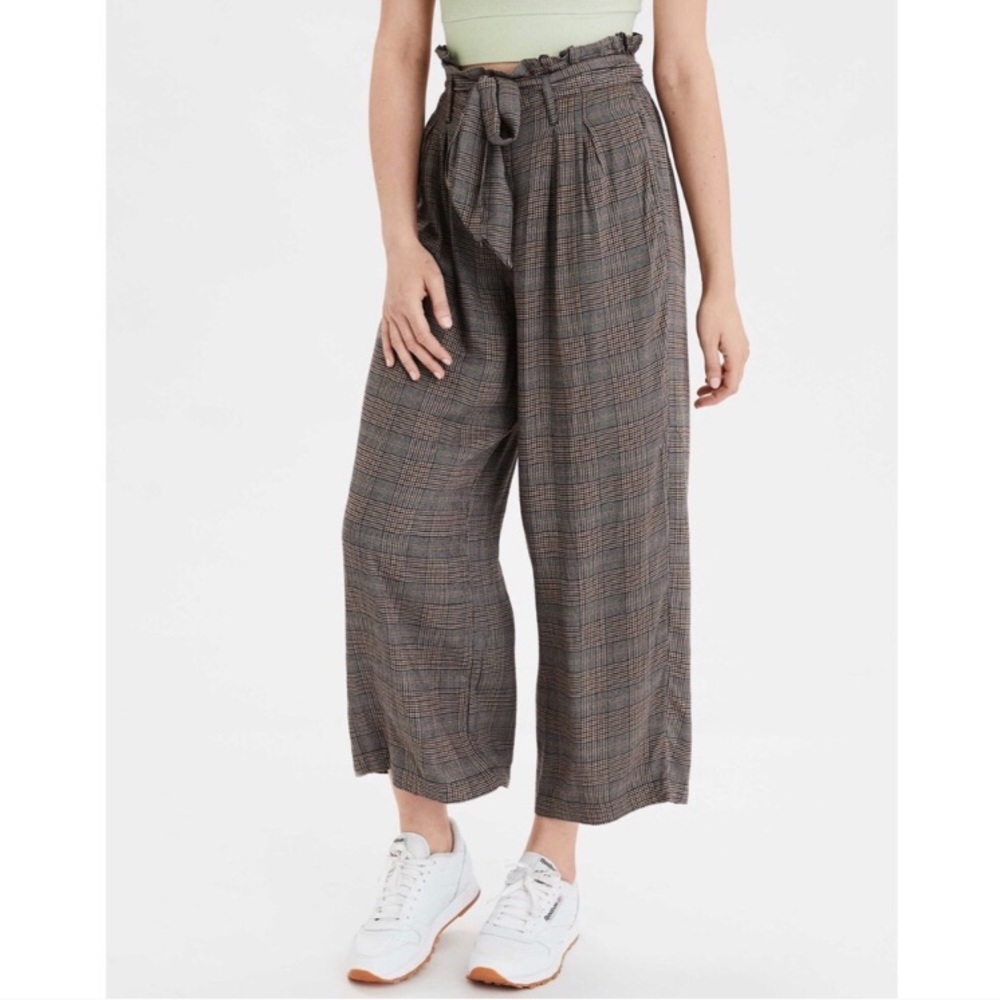 Plaid Wide Leg Paperbag Pants